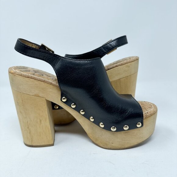 Sam Edelman Chunky Platform Sandals Womens 8.5M Black Leather Slingback Peep Toe - Picture 8 of 12
